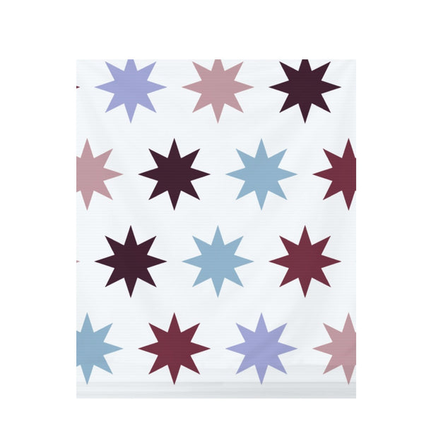 Icy Blue & Burgundy Moroccan Tile – Surface Pattern for Fabric Design — Draped Fabric on Shiplap